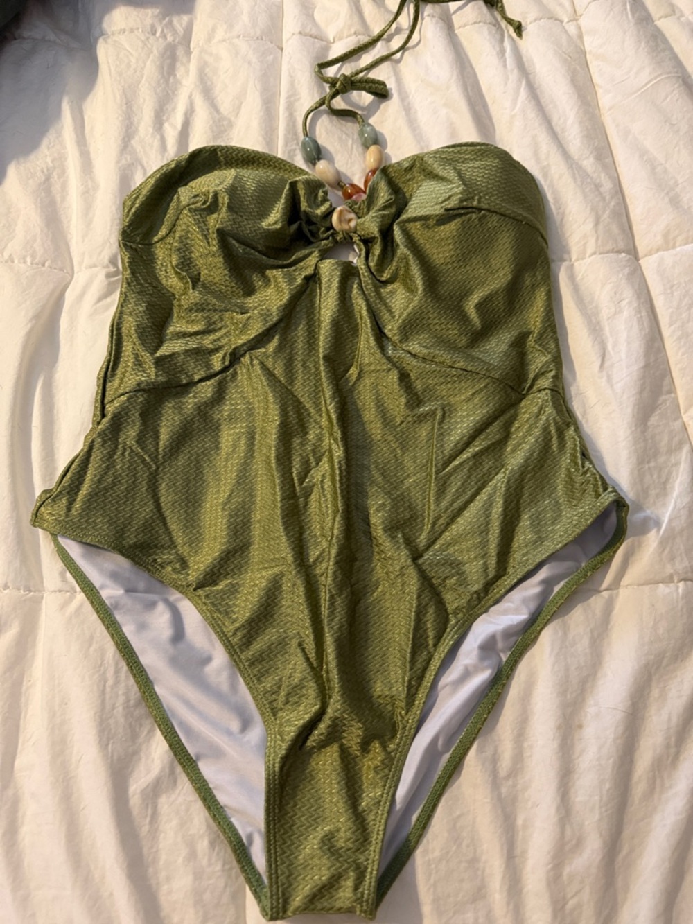 SHEIN Olive Green Strapless One-Piece Swimsuit with Beaded Halter Tie